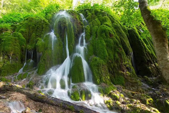 جریان آب در لا به لای صخره های خزه ای آبشار اوبن
