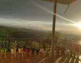 گلدان های سرسبز و ویو رو به محوطه سرسبز و غروب آفتاب تراس ویلا در قائم شهر