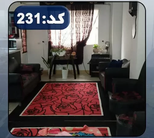 مبلمان و فرش قرمز مشکی و میز غذاخوری سالن نشیمن آپارتمان در نکا