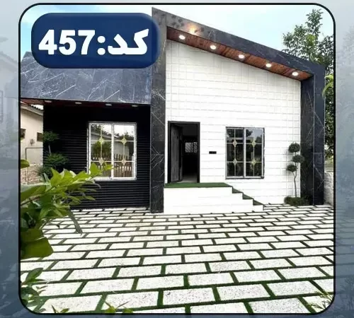 نمای سنگی و محوطه سنگ فرش شده و باغچه سرسبز ویلا در خزرآباد