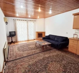 سالن نشیمن با سقف کاذب چوبی و نورپردازی و پکیج آپارتمان 62 متری در جویبار 15416874897