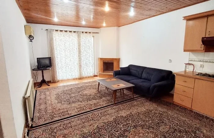 سالن نشیمن با سقف کاذب چوبی و نورپردازی و پکیج آپارتمان 62 متری در جویبار 15416874897