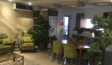 میز غذاخوری و گلدان های سرسبز آشپزخانه آپارتمان در قائم شهر