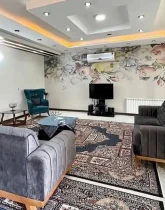 مبلمان طوسیو سبزآبی و تلویزیون سالن نشیمن ویلا در طاهرآباد