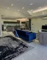 سالن نشیمن مبله و درب شیشه ای و نمایی از آشپزخانه فول امکانات در ویلای 546 متری در نصیرآباد 1052088676898